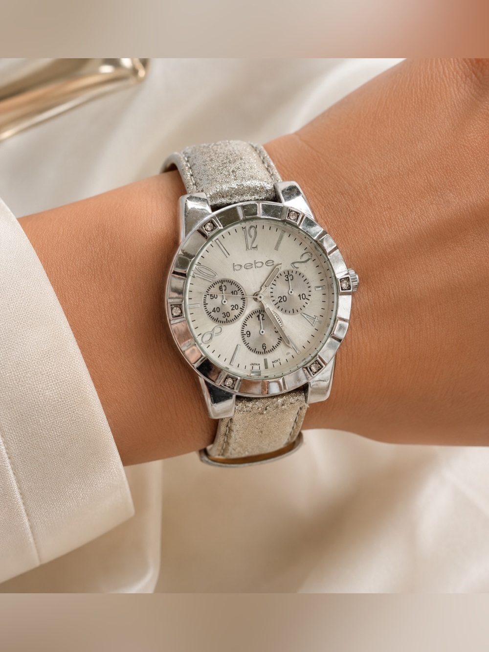 bebe Silver Stainless Steel Watch with Glitter Strap & working battery